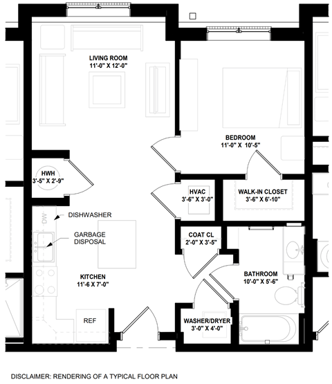Floor plan for 1 bed, 1 bath, 695 sqft